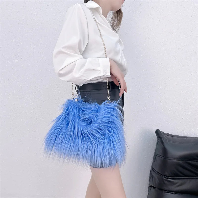 "Faux Fur Finesse: Luxury Chain Ladies Plush Shoulder Bag - Stylish Women's Tote Handbag with Long Hair Furry Design, Elevate Your Crossbody Game!"